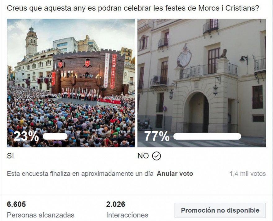 El 77% dels enquestats es declina per la NO celebració de les festes de Moros i Cristians d&#039;Ontinyent 2020
